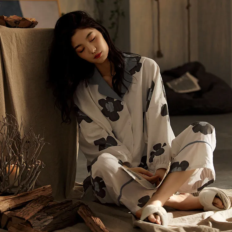 睡衣女春夏长袖秋冬款两件套装可外穿纯色休闲可爱家居服大码网红