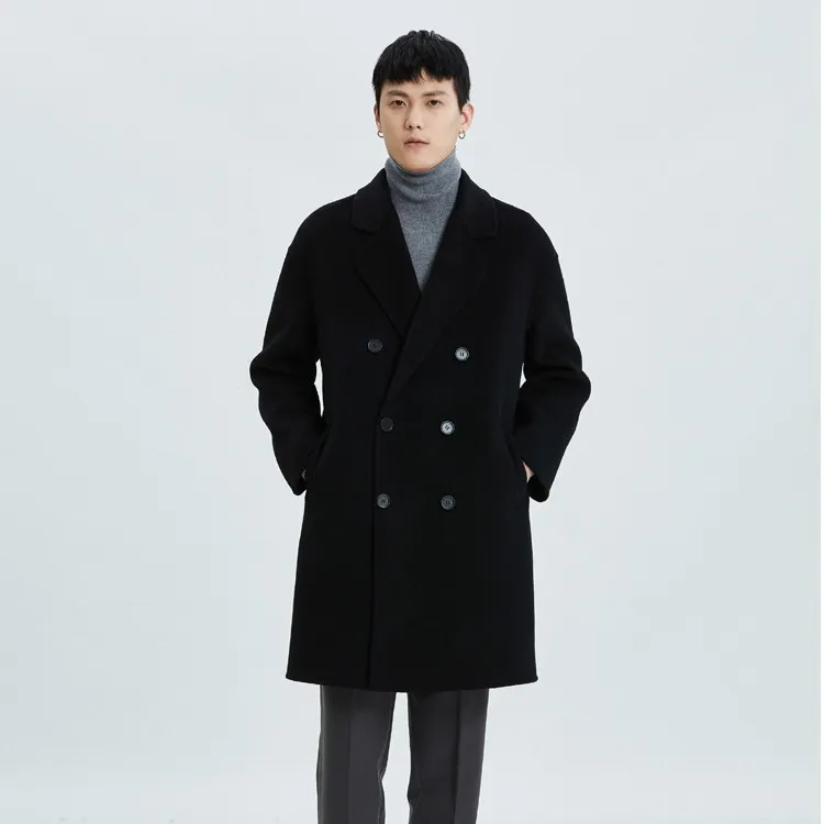 秋季100%双面羊毛大衣男士宽松落肩双排扣呢子男外套中长款风衣