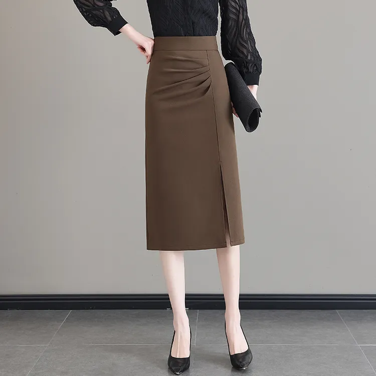 设计感开叉西装裙女春秋季高腰不规则褶皱半身裙中长款一步包臀裙