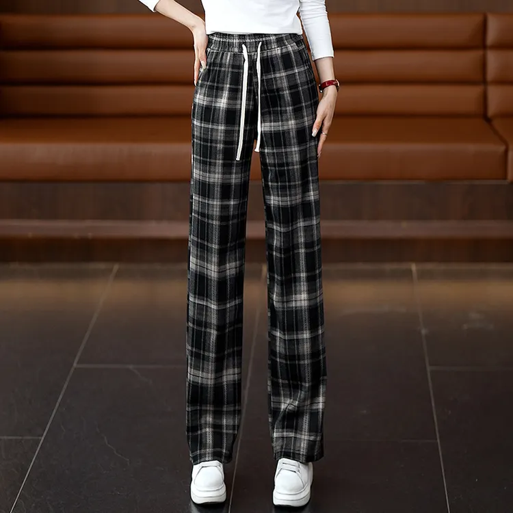 格子阔腿裤女2024秋季新款高腰垂感休闲直筒裤复古百搭窄版拖地裤