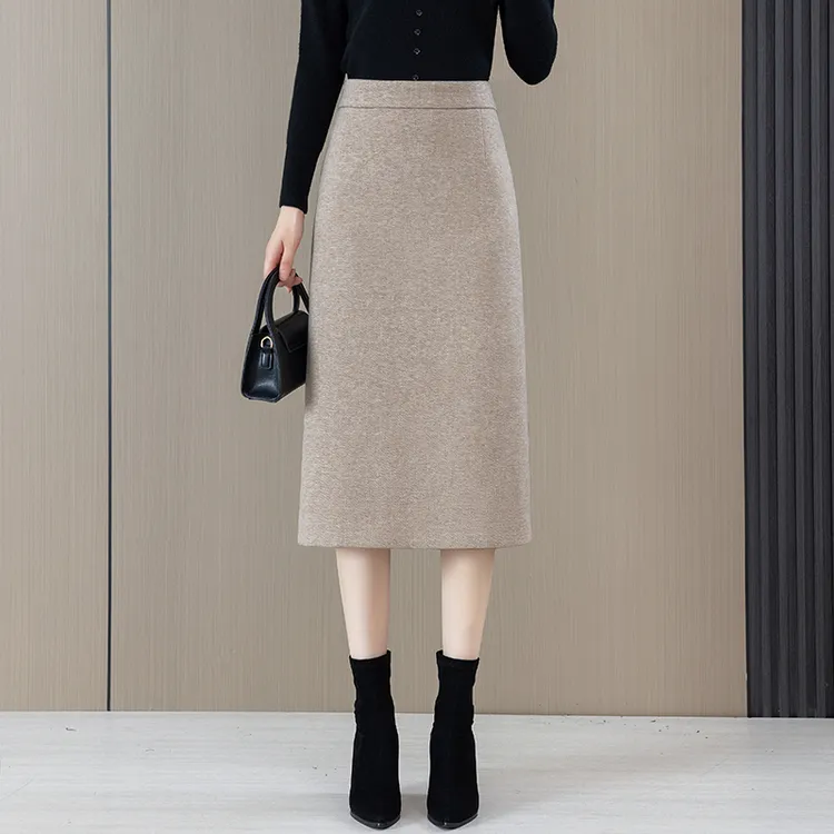 羊毛呢半身裙女秋冬2024新款时尚高腰显瘦中长开叉Aa字一步包臀裙