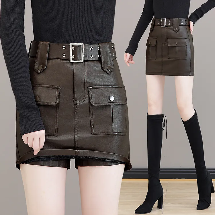 工装皮裙裤女秋冬季时尚高腰显瘦直筒短裤裙外穿包臀防走光靴裤子