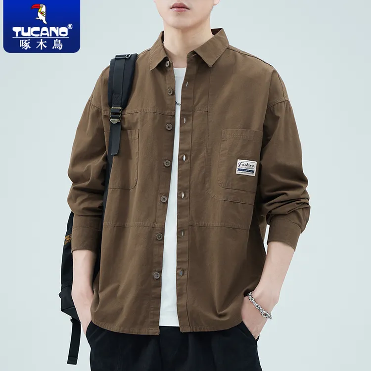 啄木鸟长袖衬衫男士秋冬新款潮牌工装衬衣外套男款宽松休闲上衣服