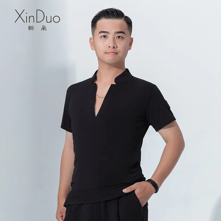 新朵拉丁舞服上衣男士V领练功服夏季新款短袖国标摩登舞交谊舞服