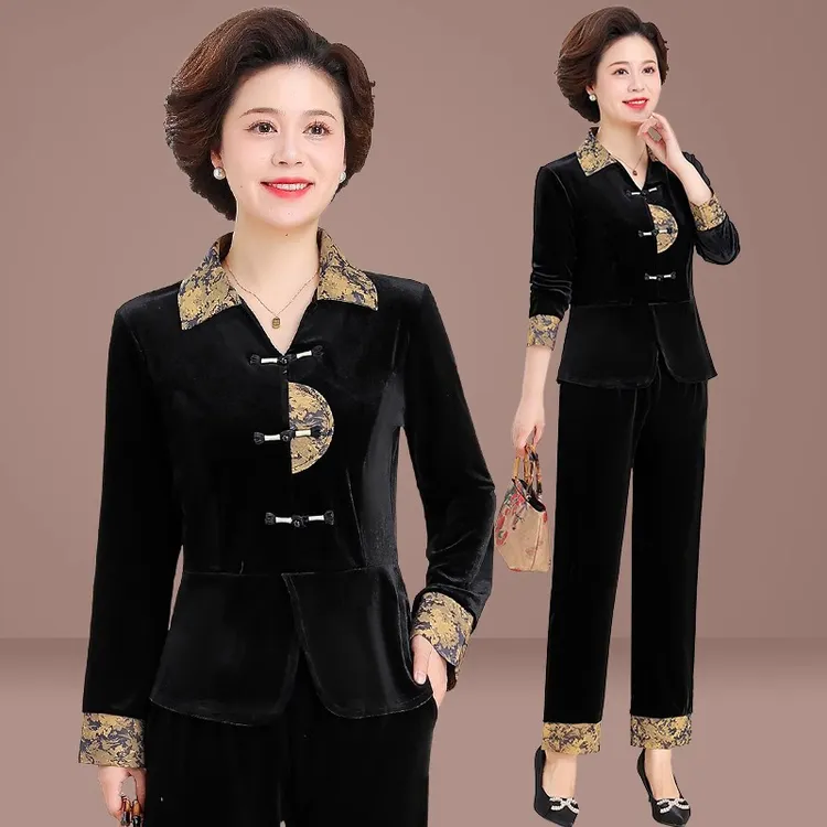 妈妈秋装套装2025新款新中式国风金丝绒上衣中老年春秋气质小衫女