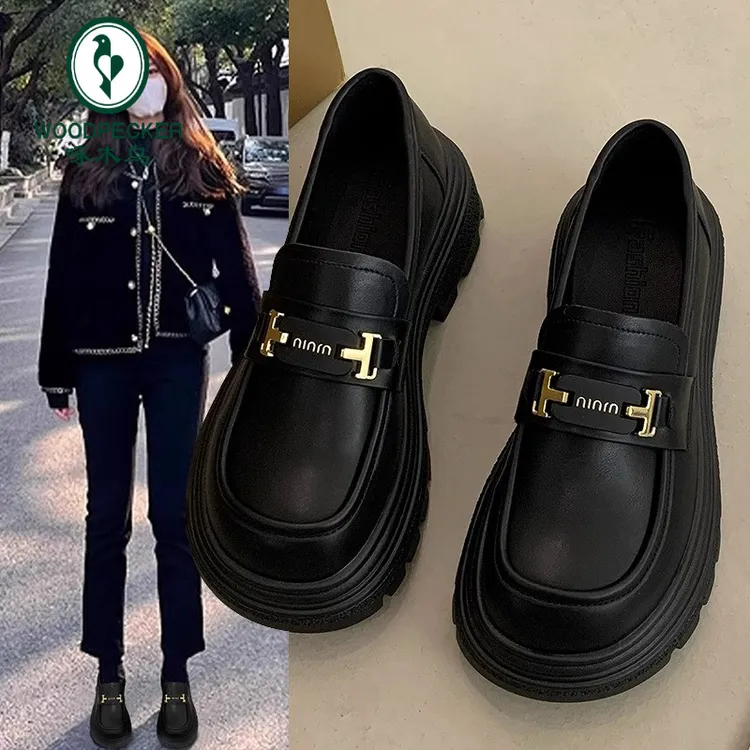 啄木鸟软底乐福鞋女2025年新款春季英伦风小皮鞋厚底百搭黑色单鞋