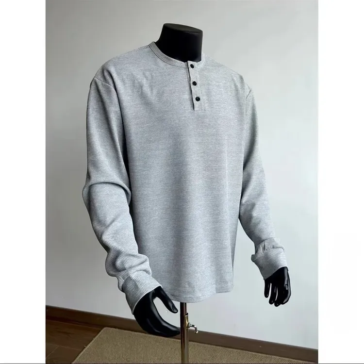 2025春秋季百搭亨利领长袖T恤男士休闲华夫格Polo衫上衣