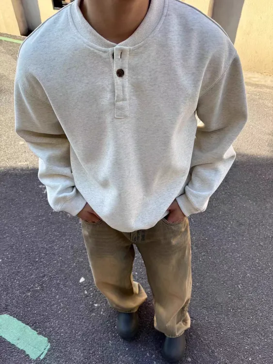 秋季新款美式复古简约少年感亨利领卫衣男女宽松休闲套头长袖上衣