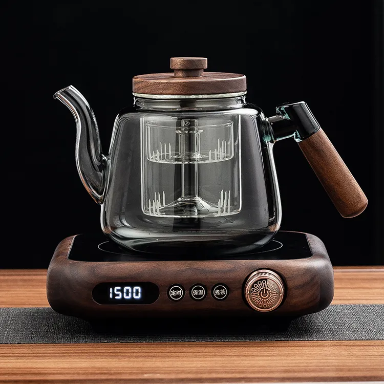 新款北美黑胡桃木实木电陶炉超薄耐热玻璃蒸煮茶器套装养生烧水壶