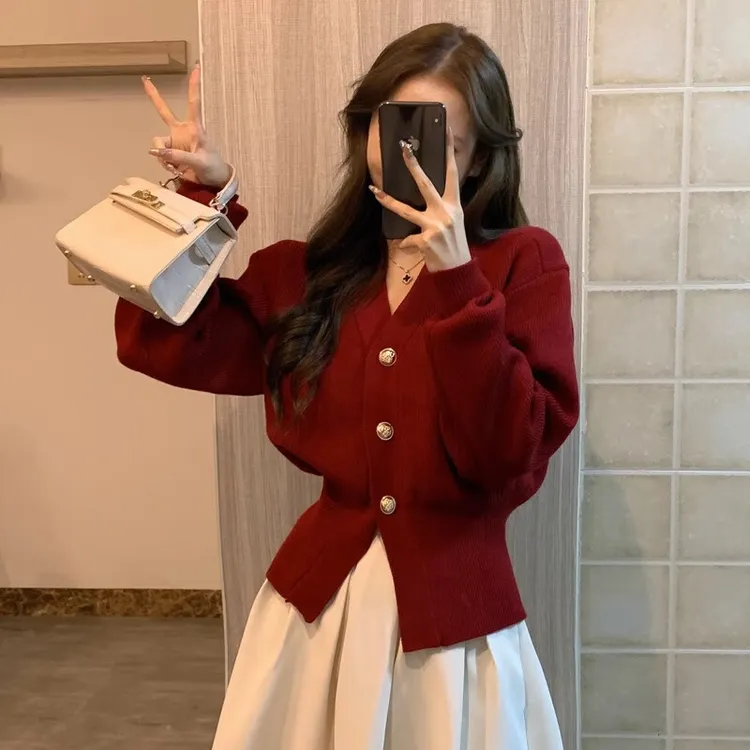 新年红色毛衣小香风毛衣开衫女设计感小众收腰气质针织外套上衣潮