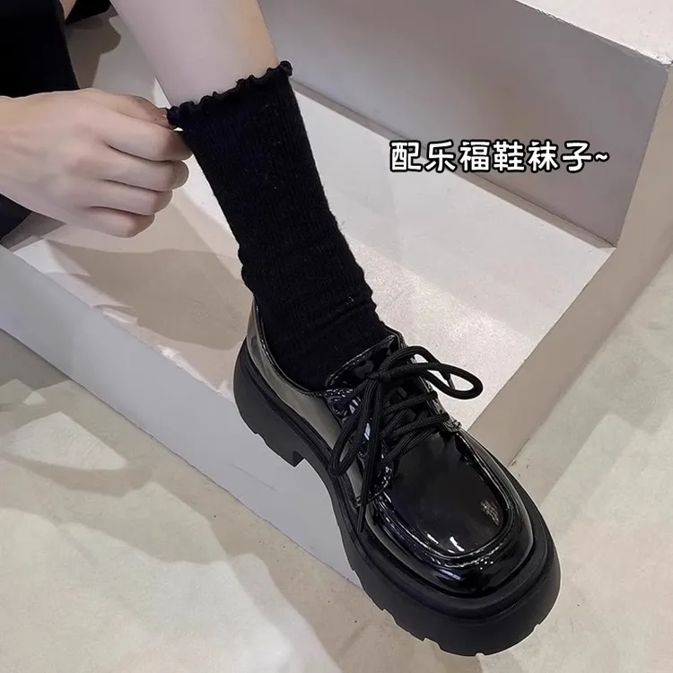 搭配乐福鞋的堆堆袜子女春秋款棉袜英伦风木耳边jk小皮鞋黑色长袜