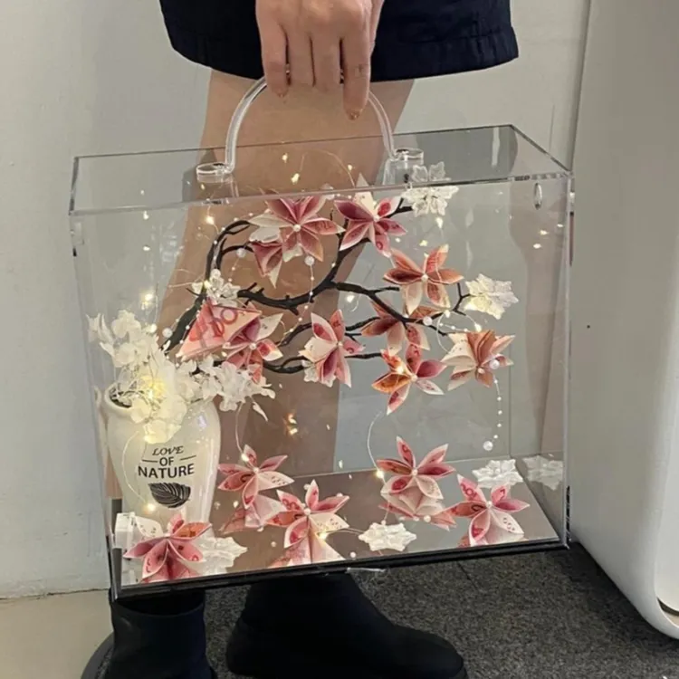 亚克力花盒手提鲜花花盒发财树情人节插花有钱花插花礼盒包装花盒