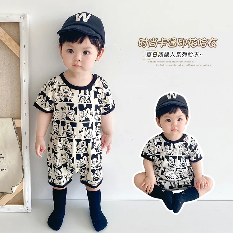 夏季短袖宝宝连体衣卡通印花薄款超萌外出爬服新生婴儿网红哈衣