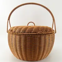 G99棕色单提手圆形郊游收纳野餐篮特大号纯手工编织40*25