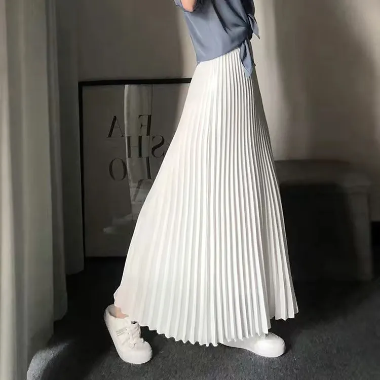 百褶半身裙女长款春夏a字裙显瘦大摆到脚踝长裙白色百褶裙半裙子。
