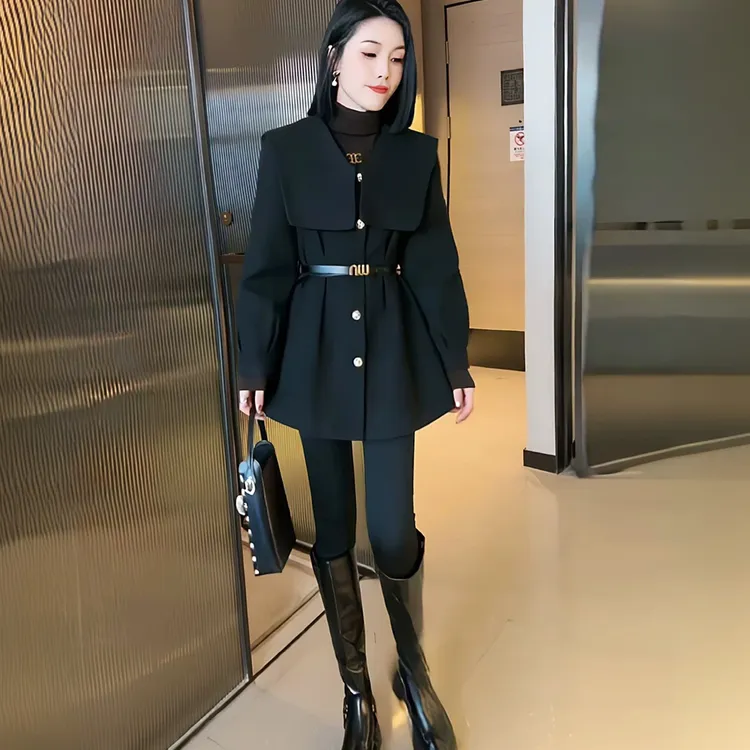 高级感时尚女装2024年秋季新款娃娃领收腰单排扣显瘦时尚毛呢外套