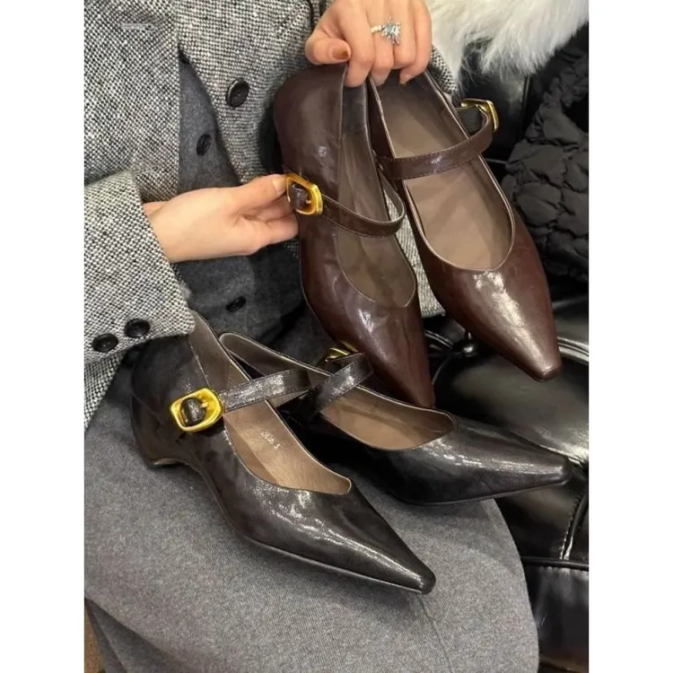 法式尖头一字带气质坡跟单鞋2024新款复古高跟鞋粗跟玛丽珍小皮鞋