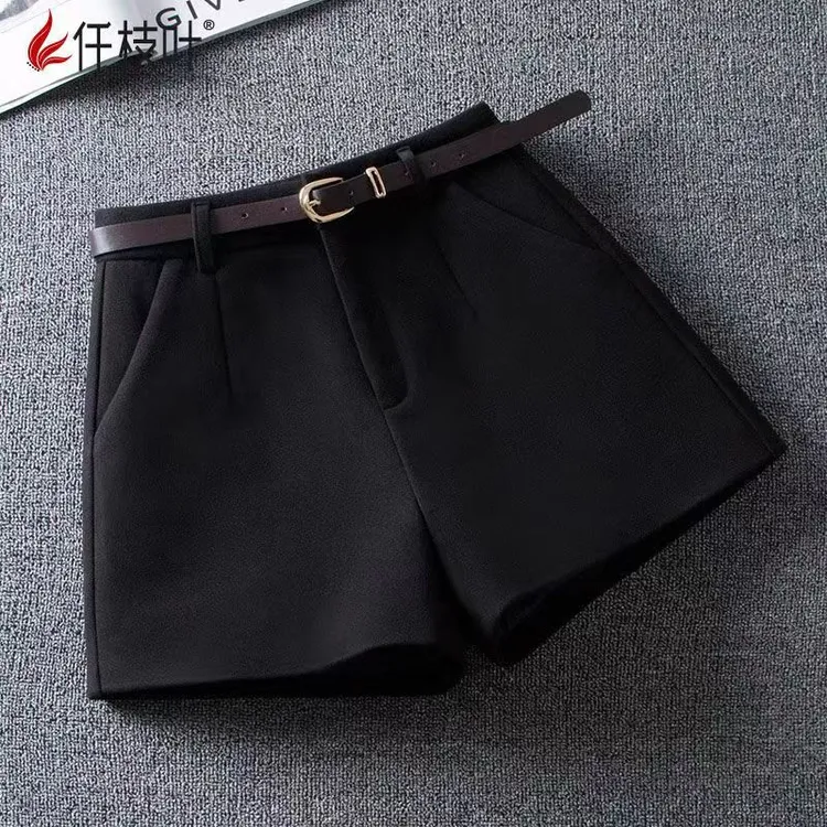 秋冬毛呢高宽松腰短裤休闲气质百搭阔腿A字外穿显瘦打底【送腰带】