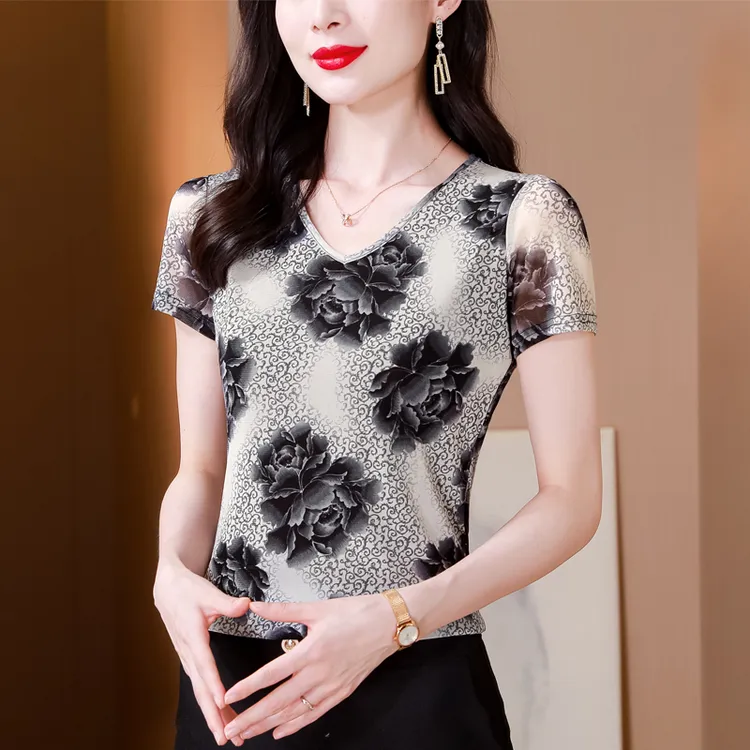 【粉丝专享】夏季时尚印花修身气质上衣V领短袖T恤女洋气时髦小衫