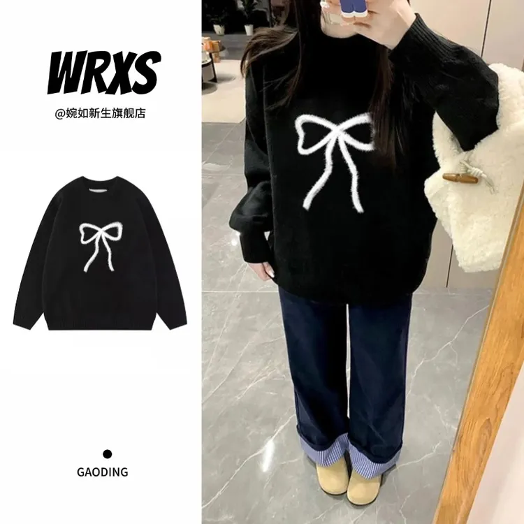 【婉如新生】秋冬厚款学院风圆领针织衫蝴蝶结印花设计套头毛衣情侣