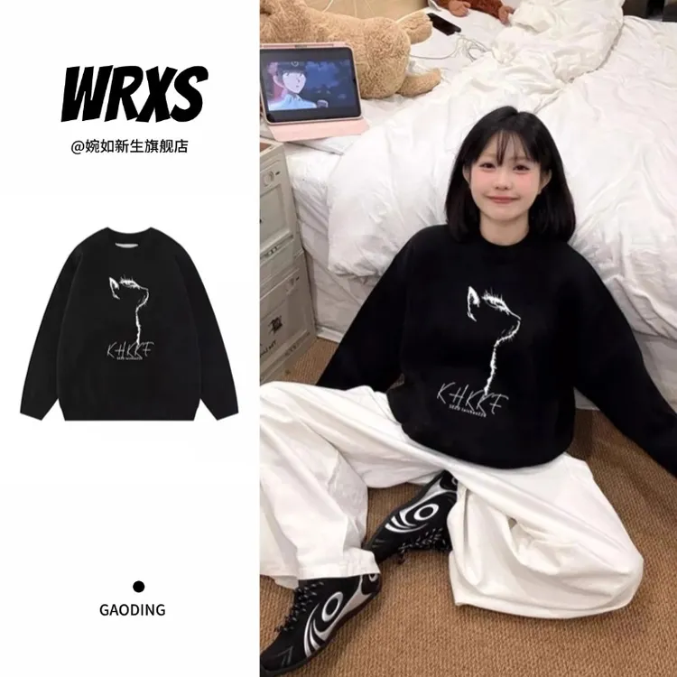 【婉如新生】黑色潮酷设计感毛衣女慵懒高级感冬季厚款软糯针织上衣