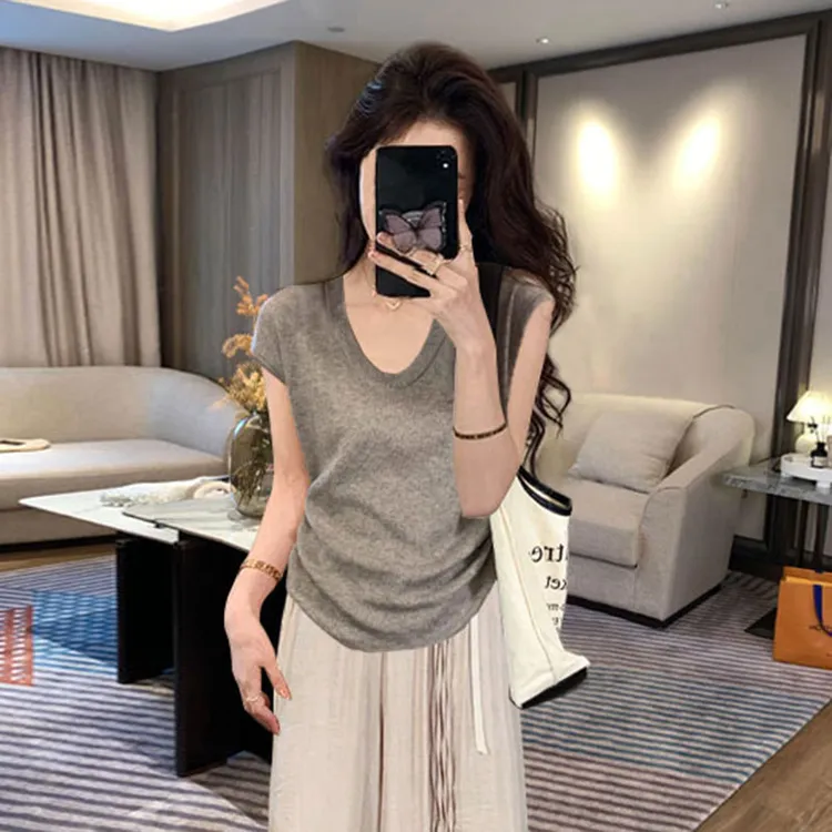 韩系灰色t恤女夏季短袖U领冰丝飞飞袖针织薄款上衣慵懒松弛感