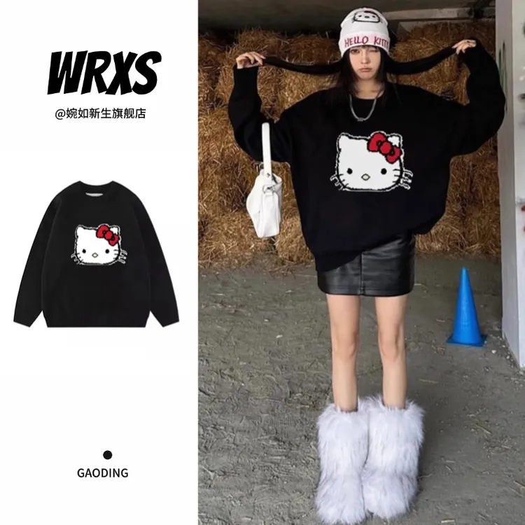 【婉如新生】黑色百搭秋冬季卡通印花圆领毛衣别致小众慵懒风针织衫