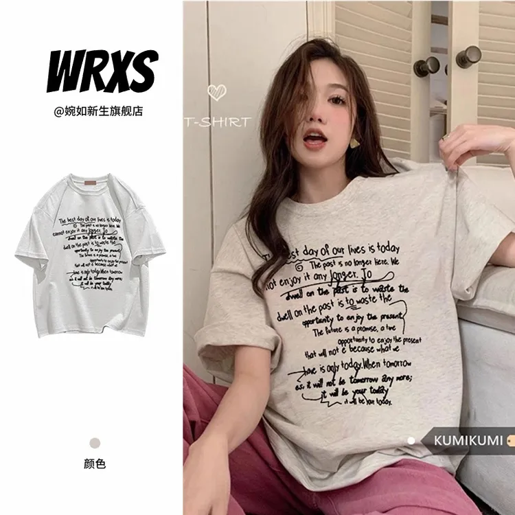 【婉如新生】白色纯棉满印字母短袖t恤女夏季潮牌oversize设计感