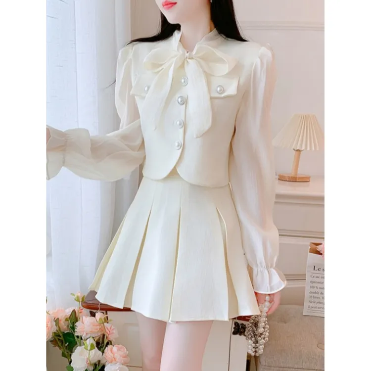 春秋季新款法式名媛高级感两件套装裙小香风蝴蝶结衬衣高腰短裙女
