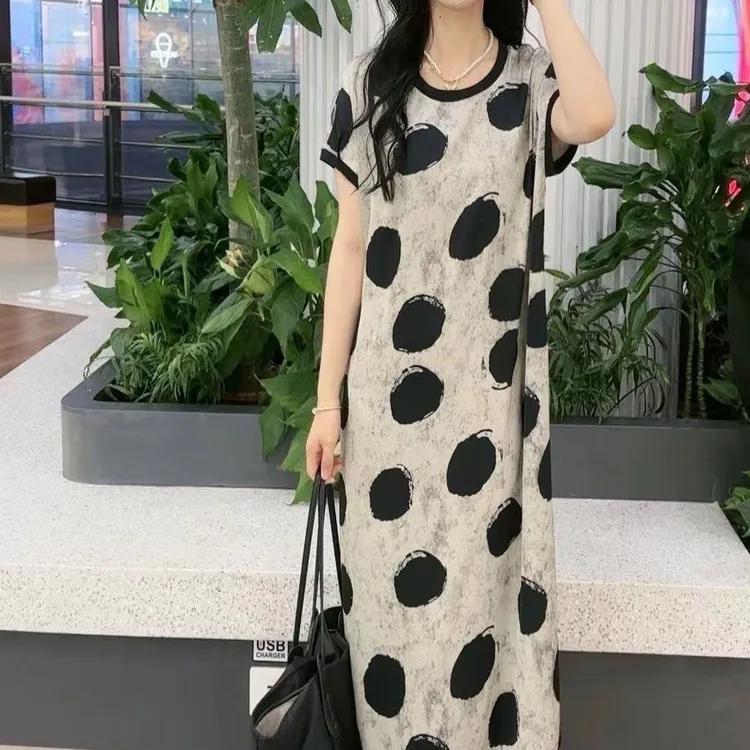 时尚气质波点圆领胖mm连衣裙夏季新款简约通勤显瘦减龄气质百搭裙