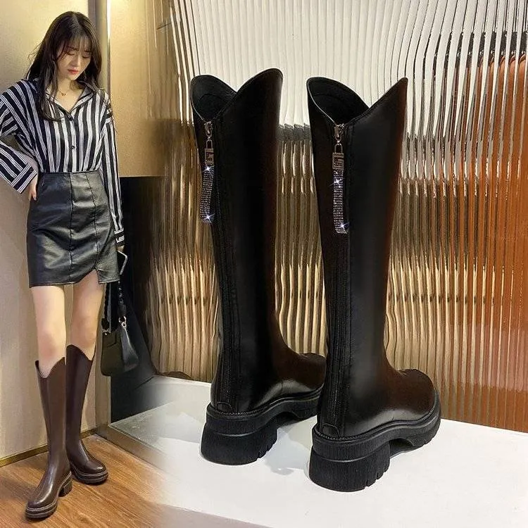 长筒靴女2025春秋新款显瘦加绒骑士靴厚底增高不过膝小个子长靴