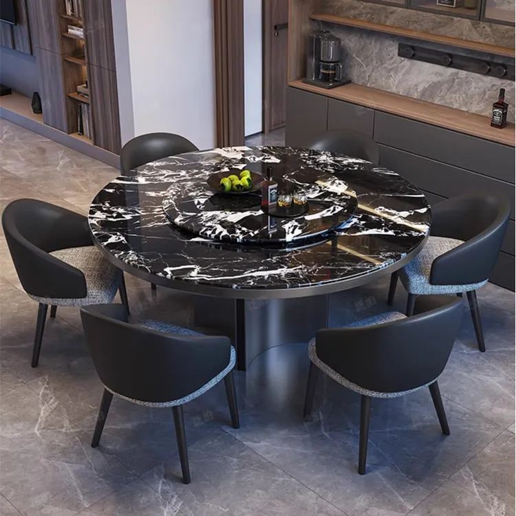 海星款轻奢大理石餐桌椅圆桌组合现代简约小户型圆形家用不锈钢桌