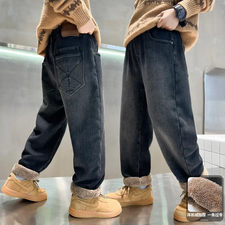 男童冬季洋羔绒加厚加绒牛仔裤2025新款儿童冬装裤子保暖一条过冬