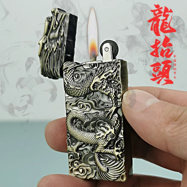 打火机复古老式砂轮煤油个性怀旧复古便携新款浮雕中国龙火石火机