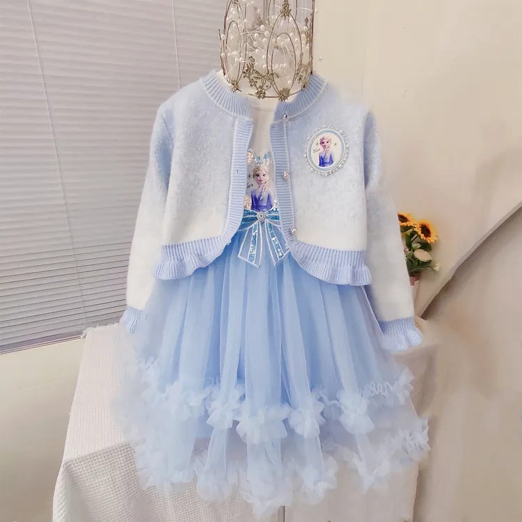 艾莎毛衣开衫连衣裙女童春秋季公主新品长袖网纱裙女宝针织两件套