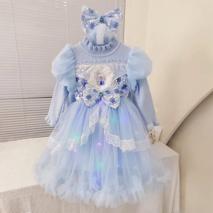 艾莎毛衣裙头纱女童秋冬长袖网纱公主裙女宝连衣裙裙子儿童洛丽塔