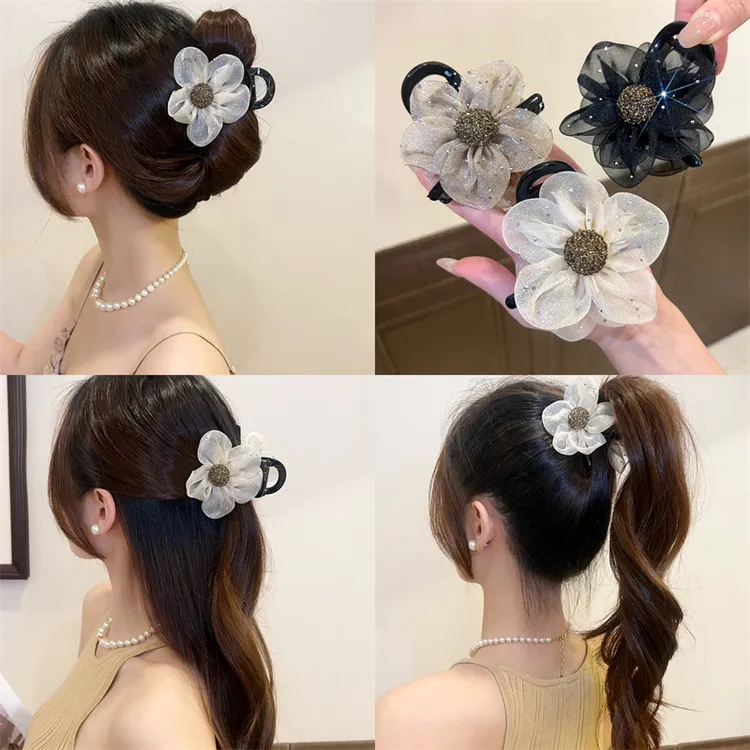 熹金 高端网纱太阳花朵中号抓夹女2024新款马尾夹鲨鱼夹半扎发夹