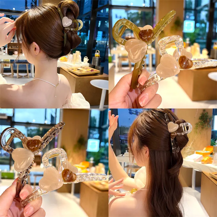 大号透明色双面爱心抓夹发夹后脑勺盘发鲨鱼夹