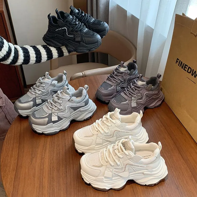 新款百搭增高5cm时尚软底女鞋2024秋季ins网面老爹鞋厚底休闲潮流