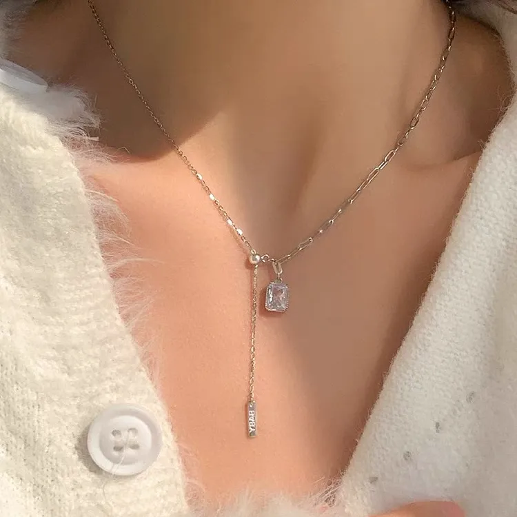 坠链均925银 方钻AB项链女轻奢小众时尚气质精致满钻设计感锁骨链