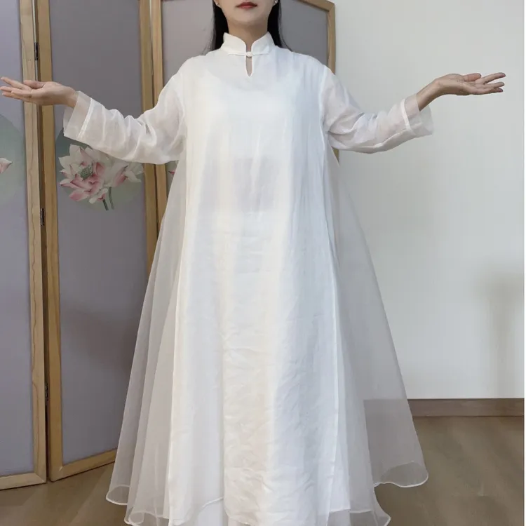 中道禅舞开课白色苎麻禅舞服斜襟中式立领仙气飘逸中式宽松连衣裙