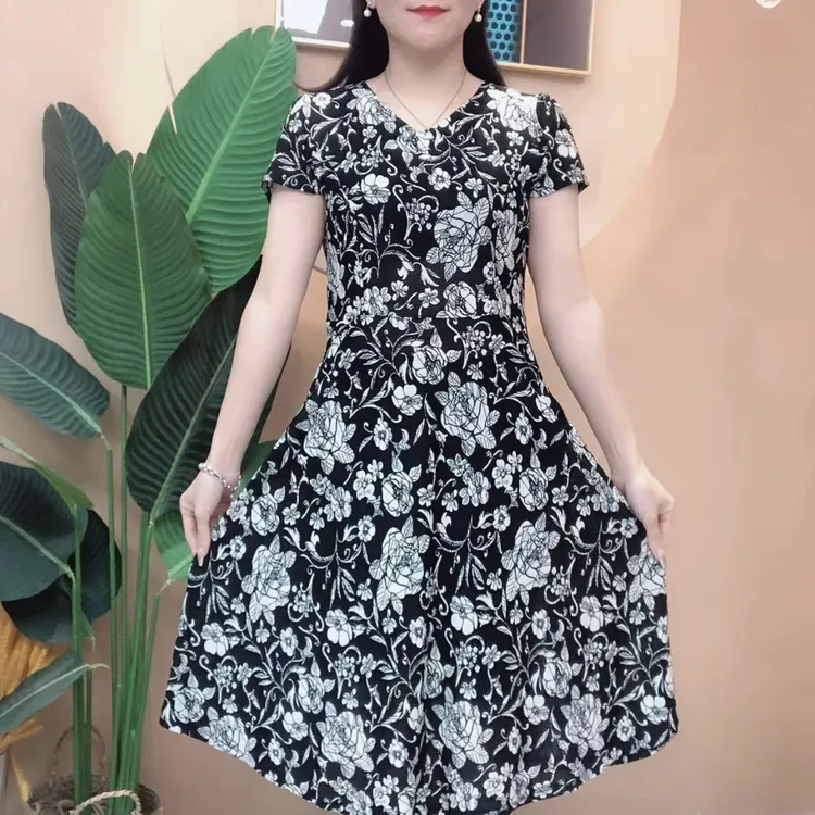 连衣裙女中年妈妈夏季短袖显瘦收腰中长裙气质遮肚有口袋A字薄款