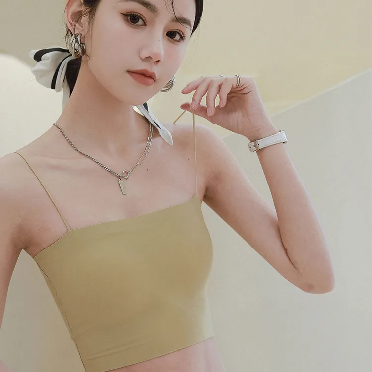 悠橙冰丝无痕一字领抹胸内搭吊带女带胸垫内衣夏薄款外穿美背背心