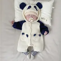 婴儿衣服秋冬款立体小兔熊猫带耳朵帽一体绒连体衣可爱软萌女宝