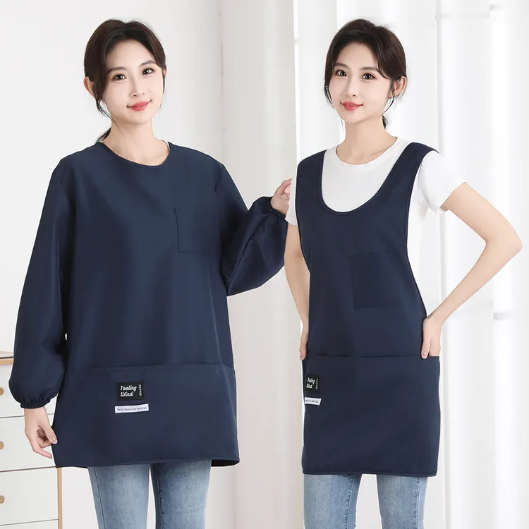 简约长袖交叉带围腰围裙防水罩衣家用厨房工作服定制logo印字男女