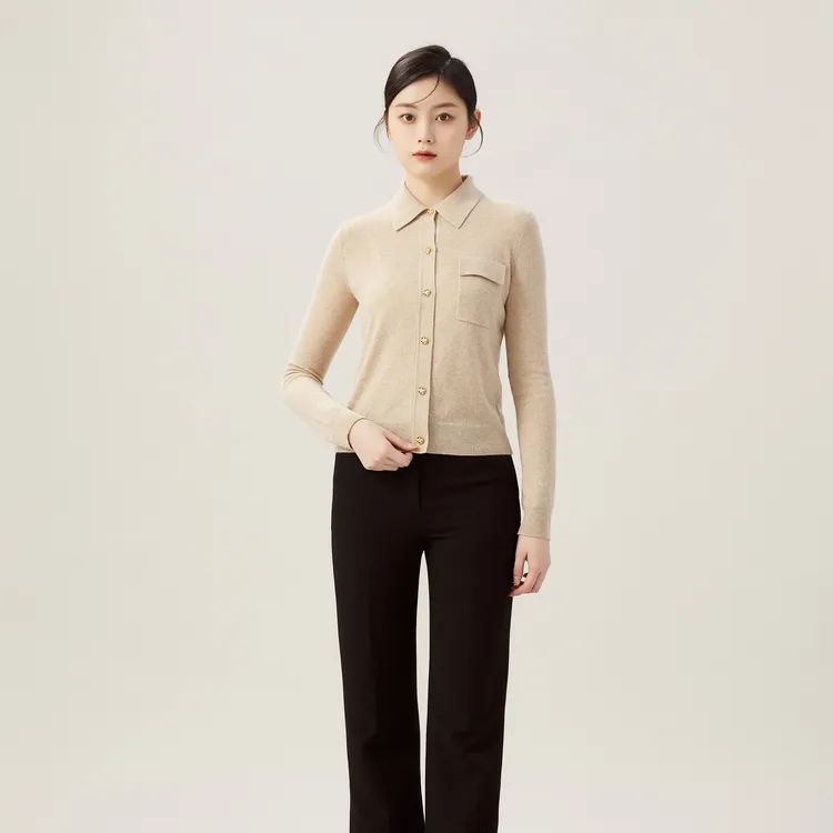 柔软山羊绒老钱风松弛感女装贵气翻领开衫1499186