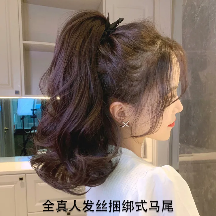 真发气质少女梨花卷短捆绑马尾假发女造型抓夹自然长发高逼真温柔