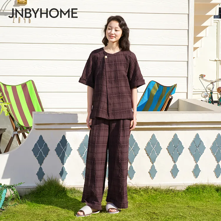 JNBYHOME江南布衣春夏简约含棉麻睡衣连衣裙家居服睡衣女柔软格纹
