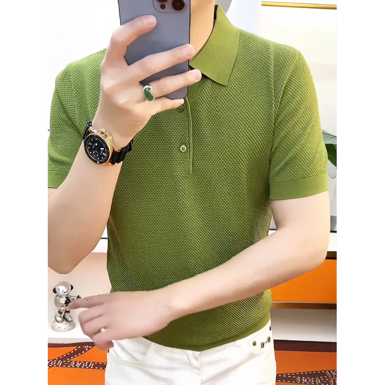 男士冰丝伊力特polo衫领针织短袖2025秋款菠萝针提花休闲百搭欧货