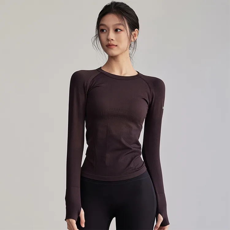 健身女孩圆领紧身瑜伽服速干跑步运动上衣专业普拉提训练弹力长袖